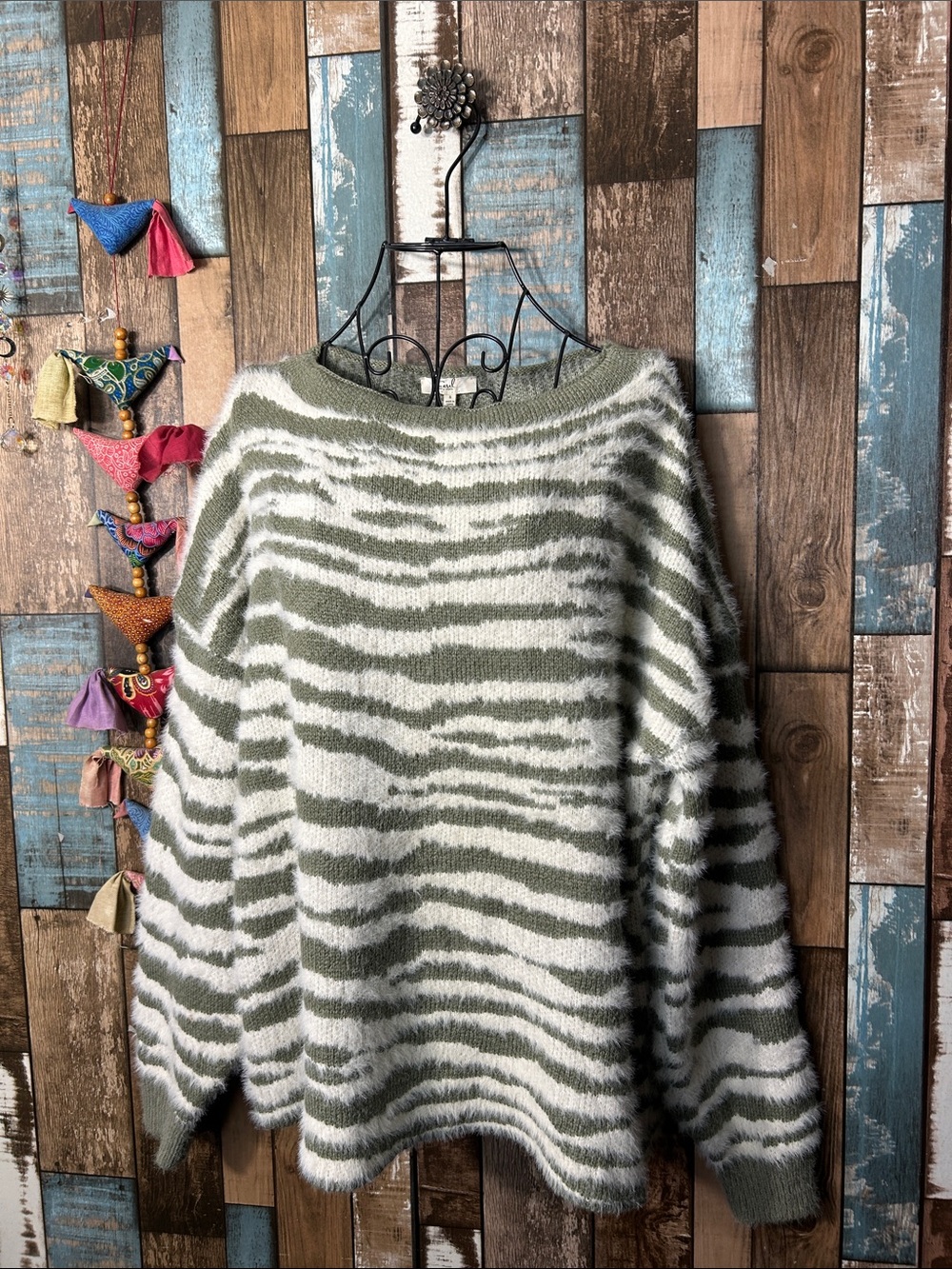 easel Olive and Cream Striped Fuzzy Crewneck Sweater